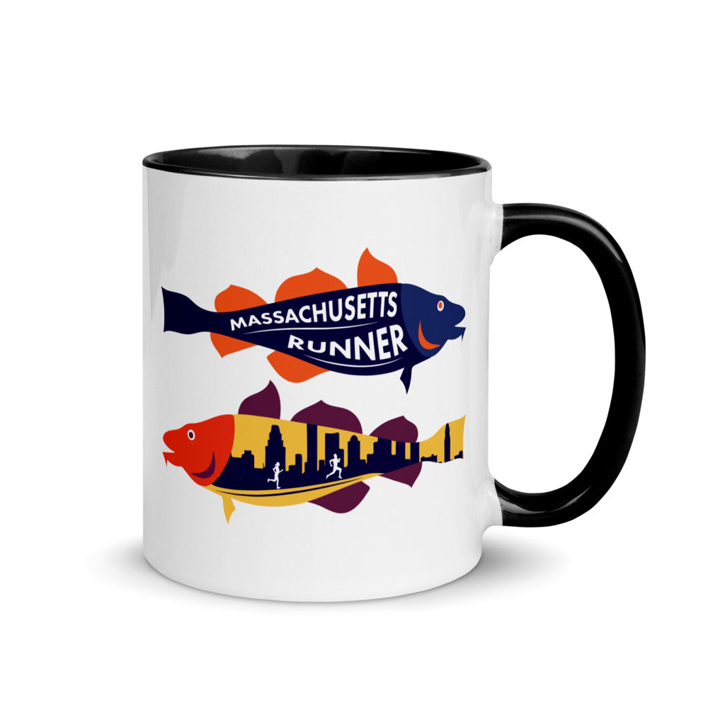 Massachusetts running mug with black handle and inside rim