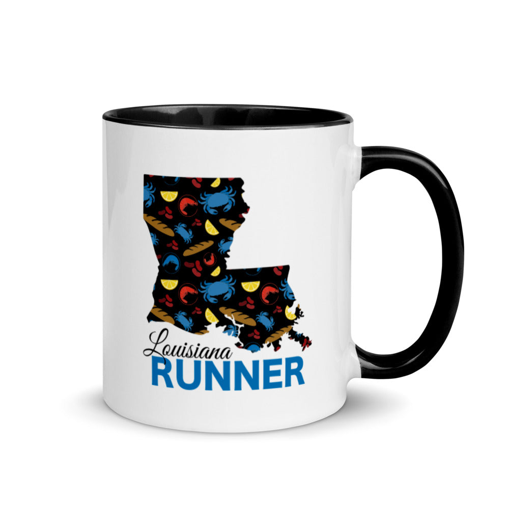Louisiana running mug with black handle and inside rim