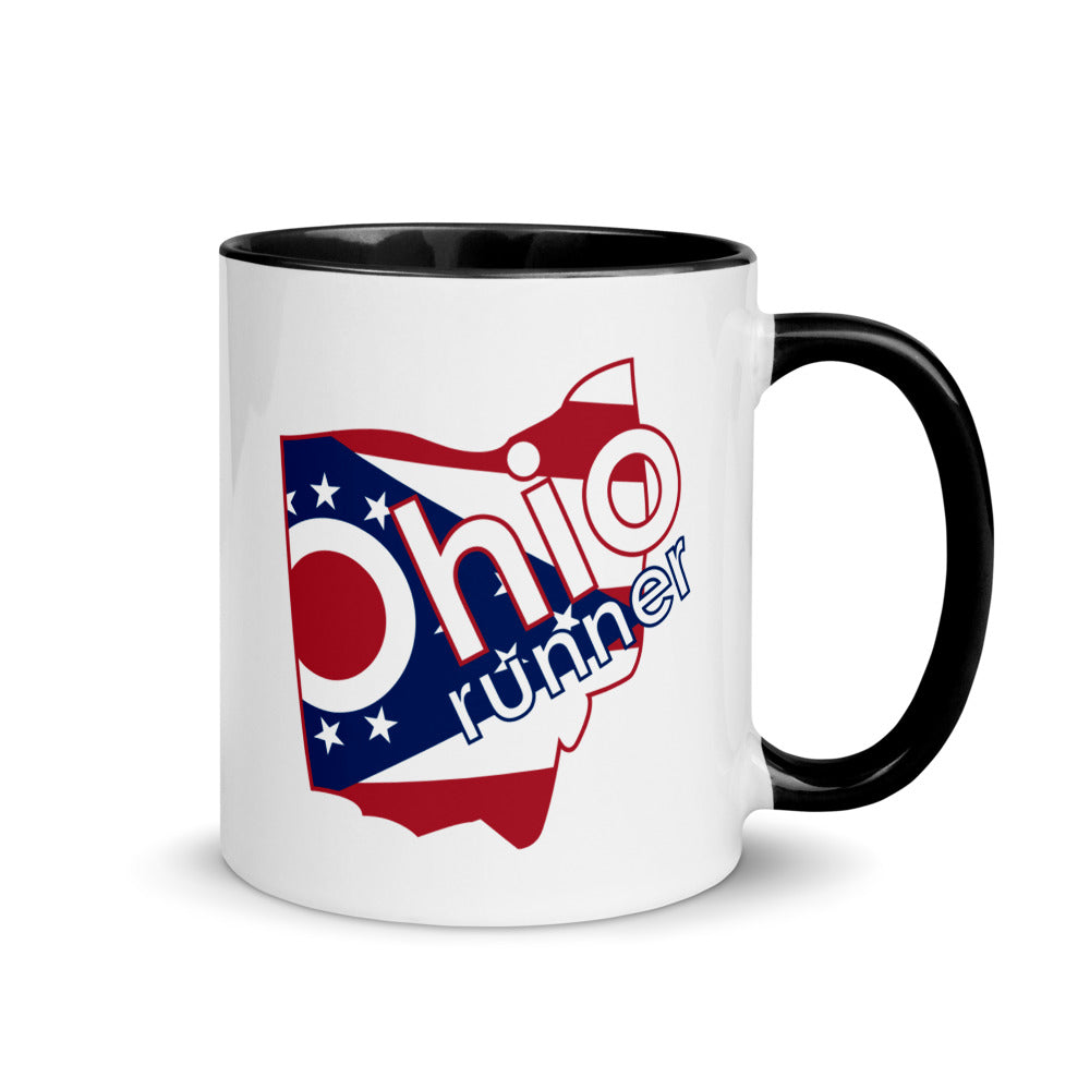 Ohio running mug with black handle and inside rim