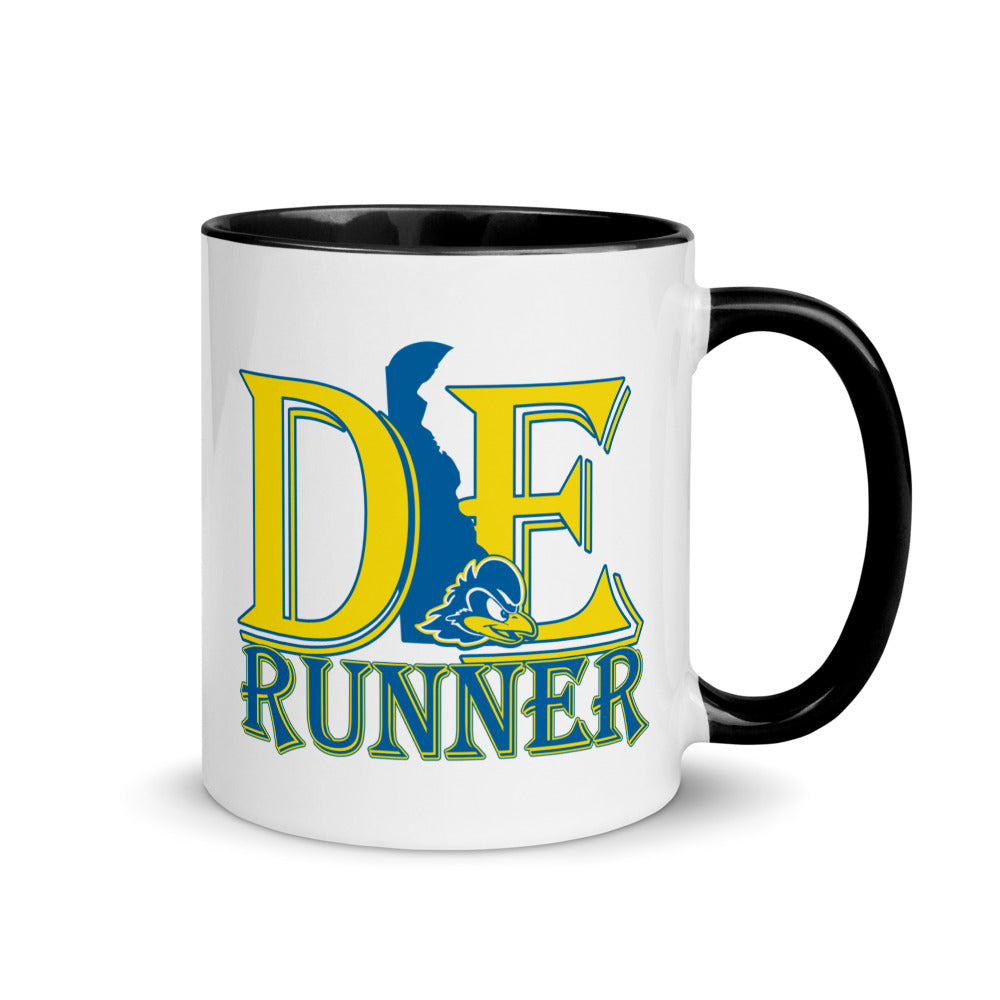 Delaware running mug with black handle and inside rim