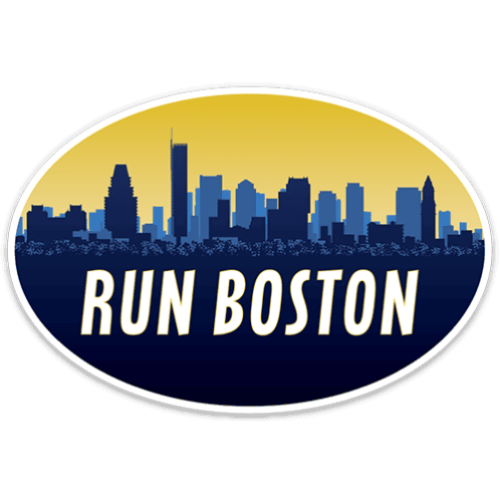 Oval sticker with navy blue city skyline silhouette on a golden-yellow sky, bold white 'RUN BOSTON' text on a navy banner.