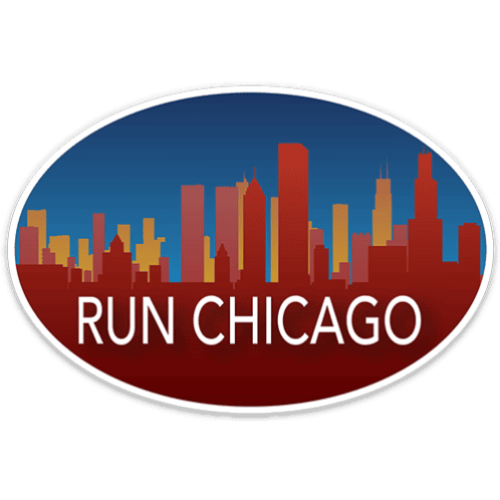 Logo with city skyline and 'RUN CHICAGO' text on a blue and red background