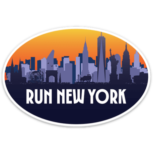 Oval sticker featuring a New York City skyline silhouette with the text 'RUN NEW YORK' in white on a dark blue lower section, an orange-to-yellow sunset gradient upper section, and a white border.