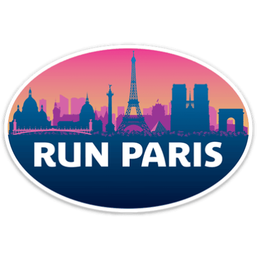 An oval sticker or decal featuring a Paris skyline silhouette in dark blue against a pink-to-orange gradient sky, with the words "RUN PARIS" in large white letters on a dark blue band. The sticker is shown on a plain white background.