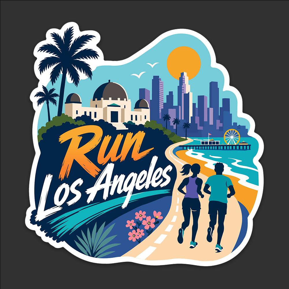 A die-cut sticker featuring a colorful vector illustration of Los Angeles landmarks including Griffith Observatory, the downtown skyline, Santa Monica Pier, palm trees, and runners enjoying the city's famous coastal paths.