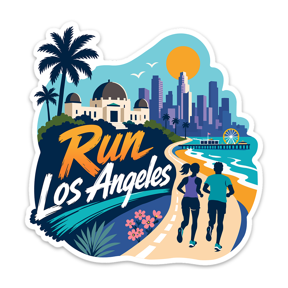 A die-cut sticker featuring a colorful vector illustration of Los Angeles landmarks including Griffith Observatory, the downtown skyline, Santa Monica Pier, palm trees, and runners enjoying the city's famous coastal paths.