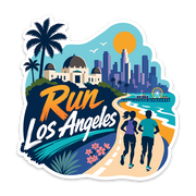 A die-cut sticker featuring a colorful vector illustration of Los Angeles landmarks including Griffith Observatory, the downtown skyline, Santa Monica Pier, palm trees, and runners enjoying the city's famous coastal paths.
