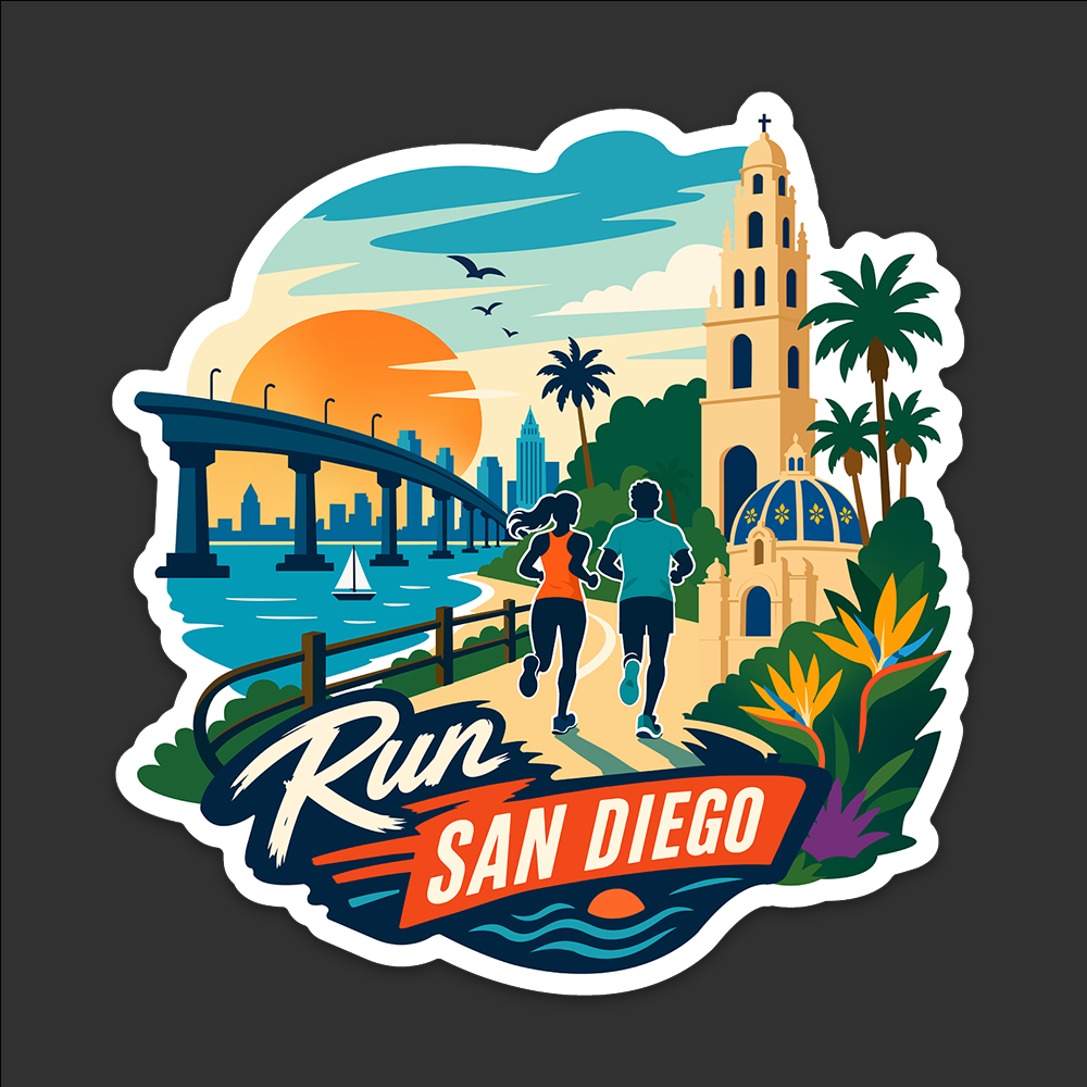 A die-cut sticker featuring a colorful illustration of San Diego landmarks and runners. The design includes landmarks including the Coronado Bridge, Balboa Park, the downtown skyline, palm trees, and runners enjoying the beautiful bayfront under a large orange sun.