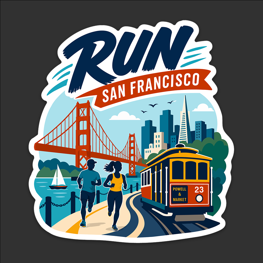 A die-cut sticker featuring a colorful San Francisco cityscape illustration with the word 'RUN' above and 'SAN FRANCISCO' on a red banner. The design includes two runners, a yellow Powell 23 streetcar, the Golden Gate Bridge, water, and the Transamerica Pyramid skyline, shown on a dark gray background.