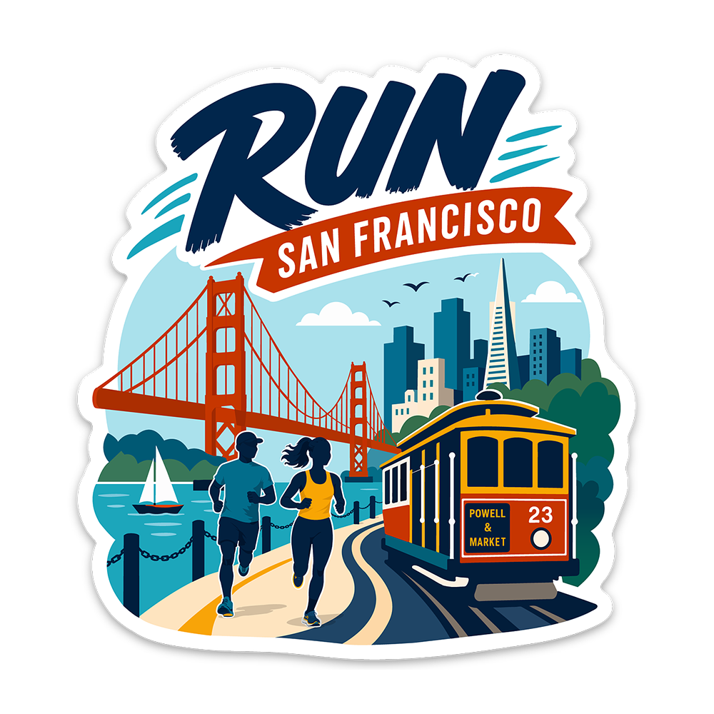 A die-cut sticker featuring a colorful vector illustration of San Francisco with the word 'RUN' in large dark blue letters, a red banner reading 'SAN FRANCISCO,' the Golden Gate Bridge, a cable car, and two runners on a path.