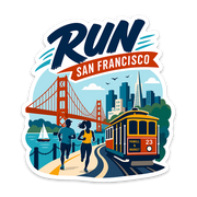 A die-cut sticker featuring a colorful vector illustration of San Francisco with the word 'RUN' in large dark blue letters, a red banner reading 'SAN FRANCISCO,' the Golden Gate Bridge, a cable car, and two runners on a path.