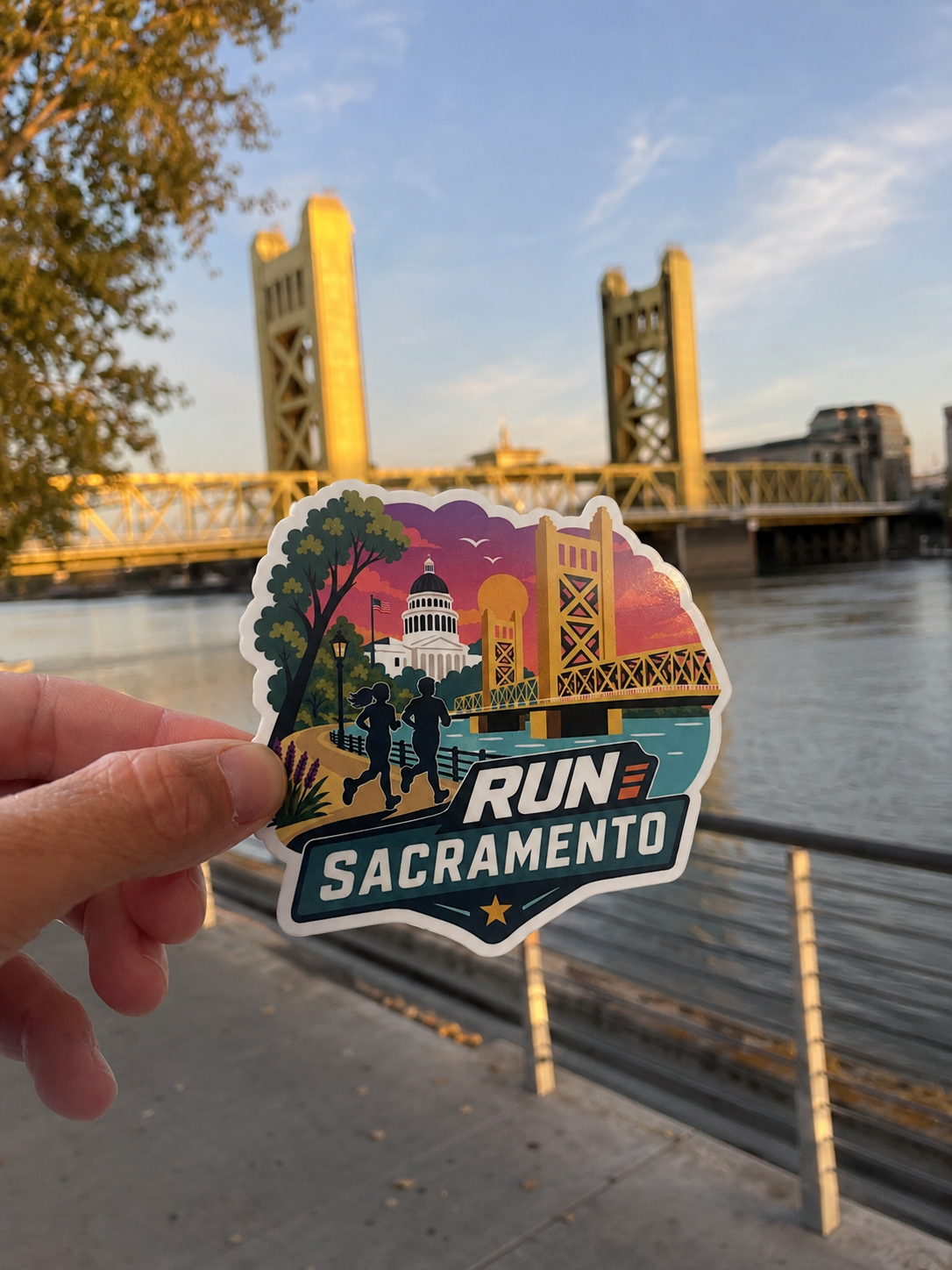 A hand holds a die-cut sticker featuring an illustrated cityscape labeled 'RUN SACRAMENTO' in front of a real outdoor waterfront scene with a bridge and river.