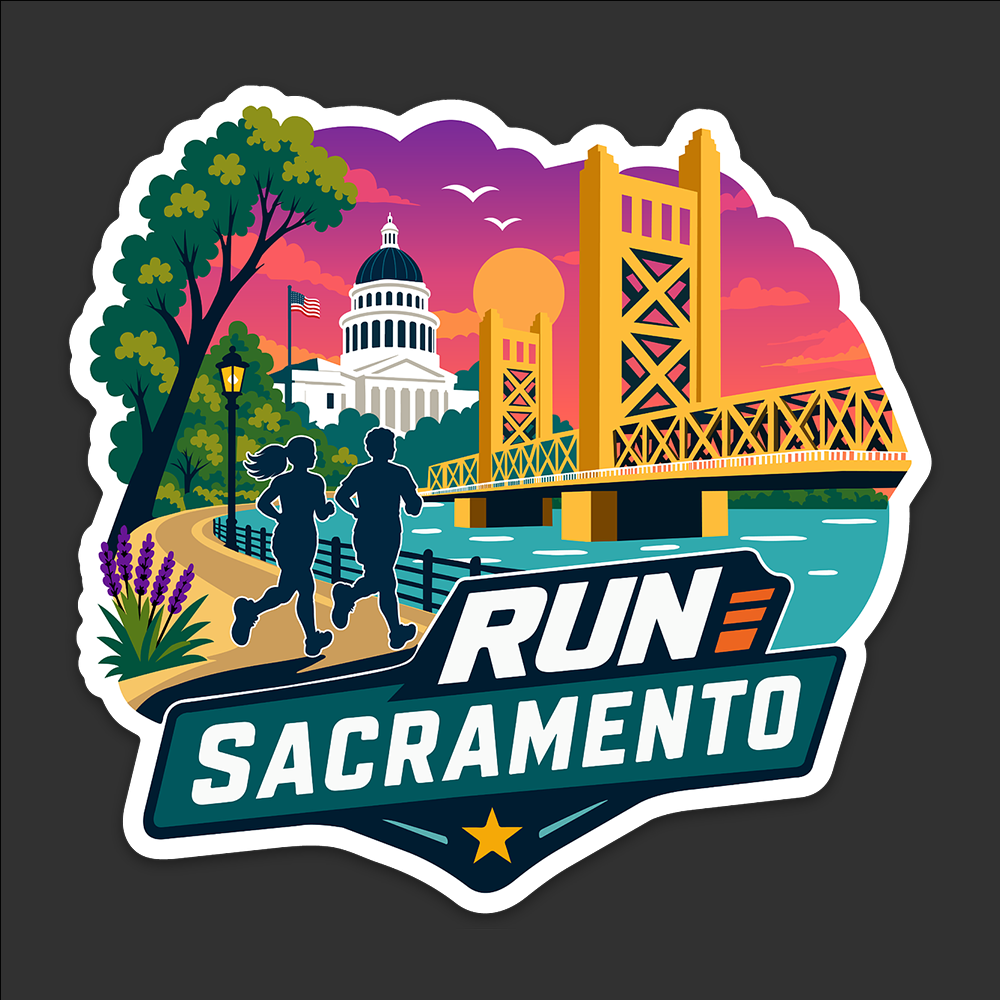A die-cut sticker featuring a colorful vector illustration of Run Sacramento, with silhouettes of runners in front of the California State Capitol, Tower bridge, and a sunset sky.