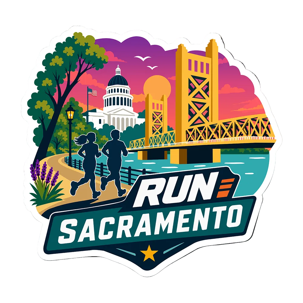 A die-cut sticker featuring a colorful vector illustration of Run Sacramento, with silhouettes of two runners in front of the Sacramento skyline, including the capitol dome and Tower Bridge, on a white background.