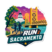 A die-cut sticker featuring a colorful vector illustration of Run Sacramento, with silhouettes of two runners in front of the Sacramento skyline, including the capitol dome and Tower Bridge, on a white background.