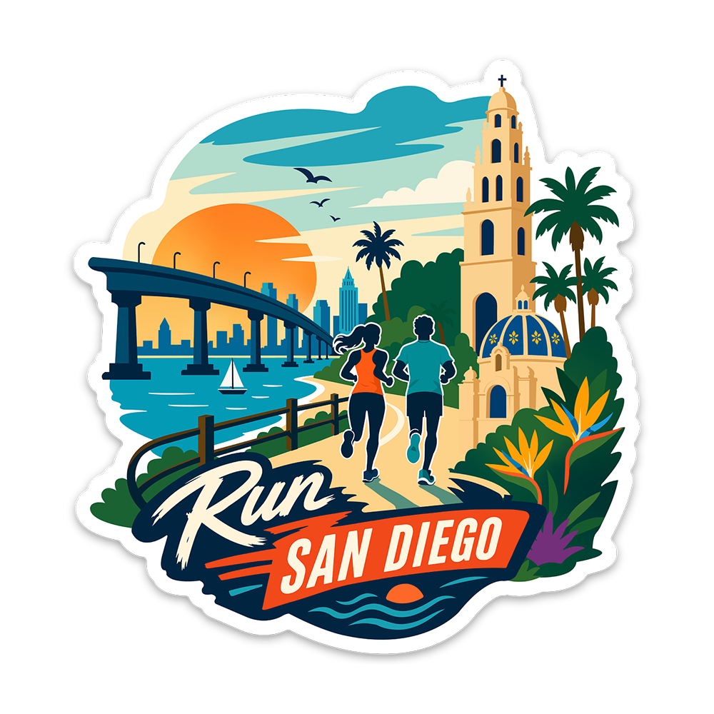 A die-cut sticker featuring a colorful illustration of San Diego landmarks and runners. The design includes landmarks including the Coronado Bridge, Balboa Park, the downtown skyline, palm trees, and runners enjoying the beautiful bayfront under a large orange sun.