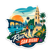 A die-cut sticker featuring a colorful illustration of San Diego landmarks and runners. The design includes landmarks including the Coronado Bridge, Balboa Park, the downtown skyline, palm trees, and runners enjoying the beautiful bayfront under a large orange sun.