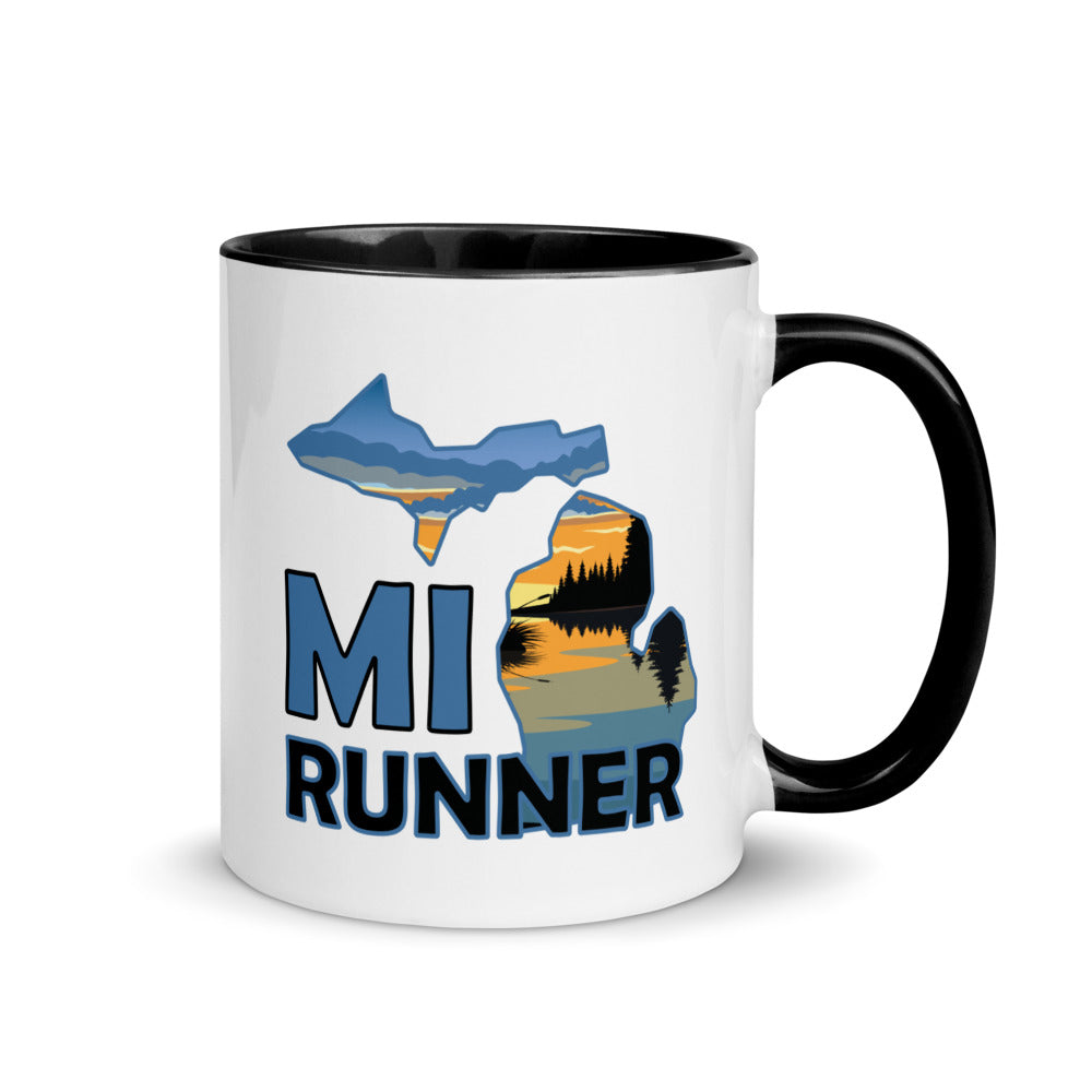 Michigan running mug with black handle and inside rim