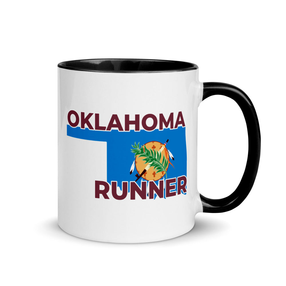 Oklahoma running mug with black handle and inside rim