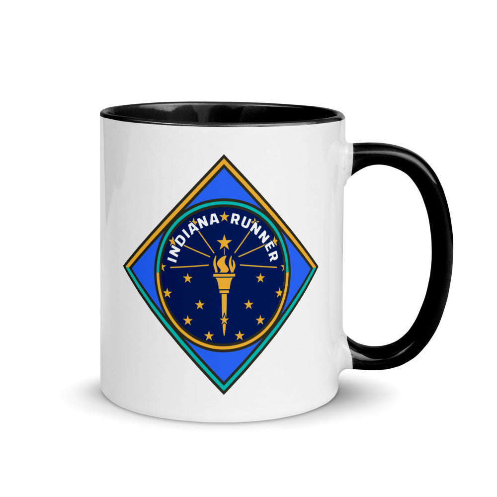 Indiana running mug with black handle and inside rim
