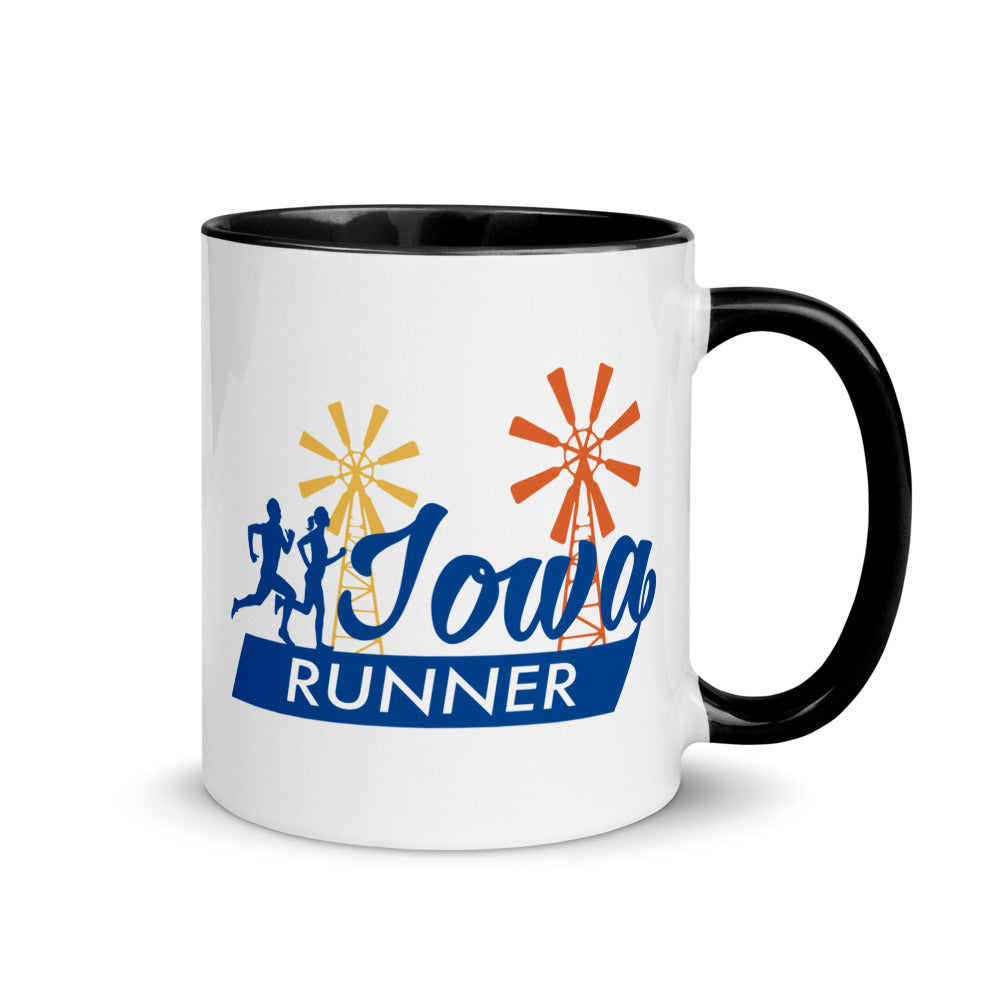 Iowa running mug with black handle and inside rim