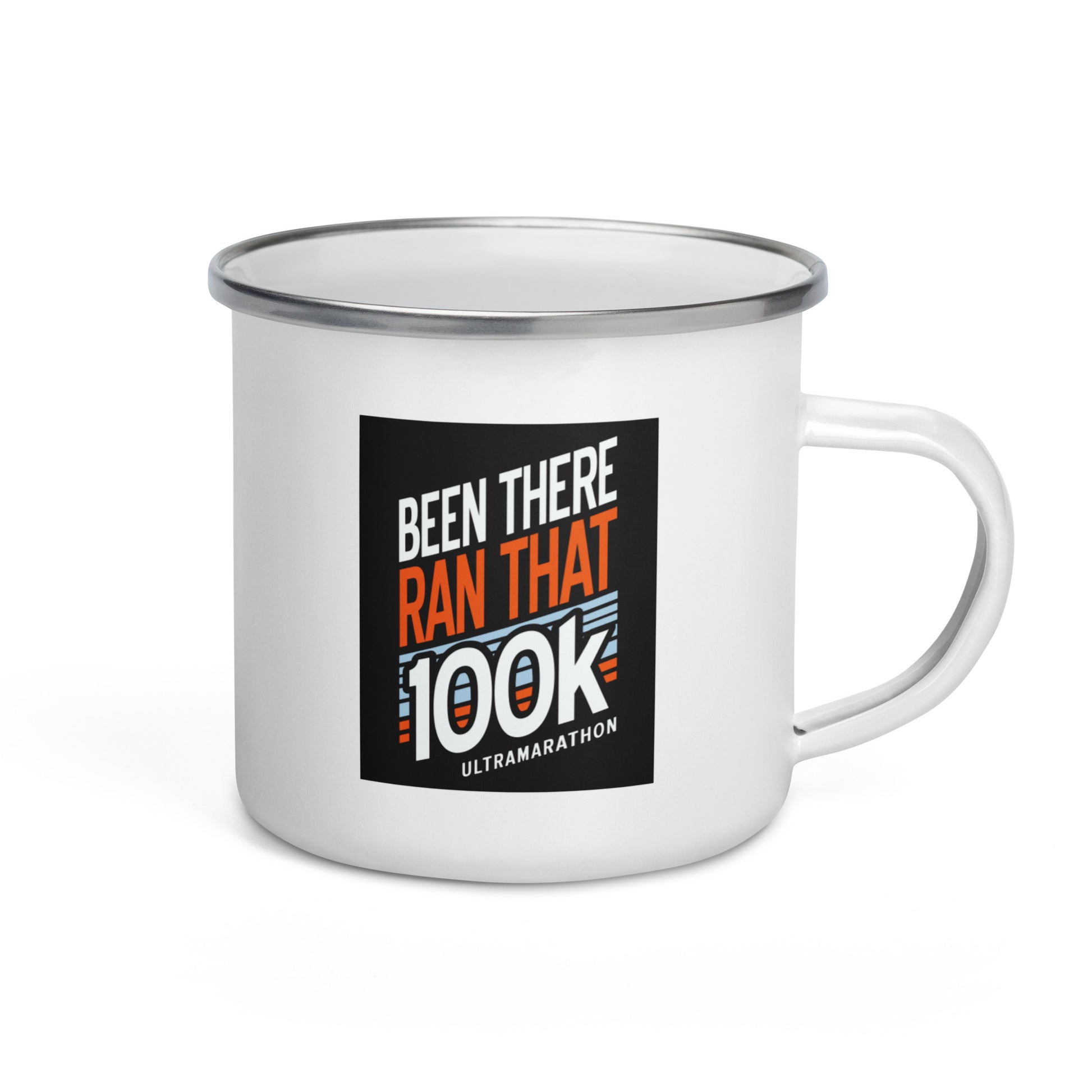 been there ran that 100k enamel mug with black design