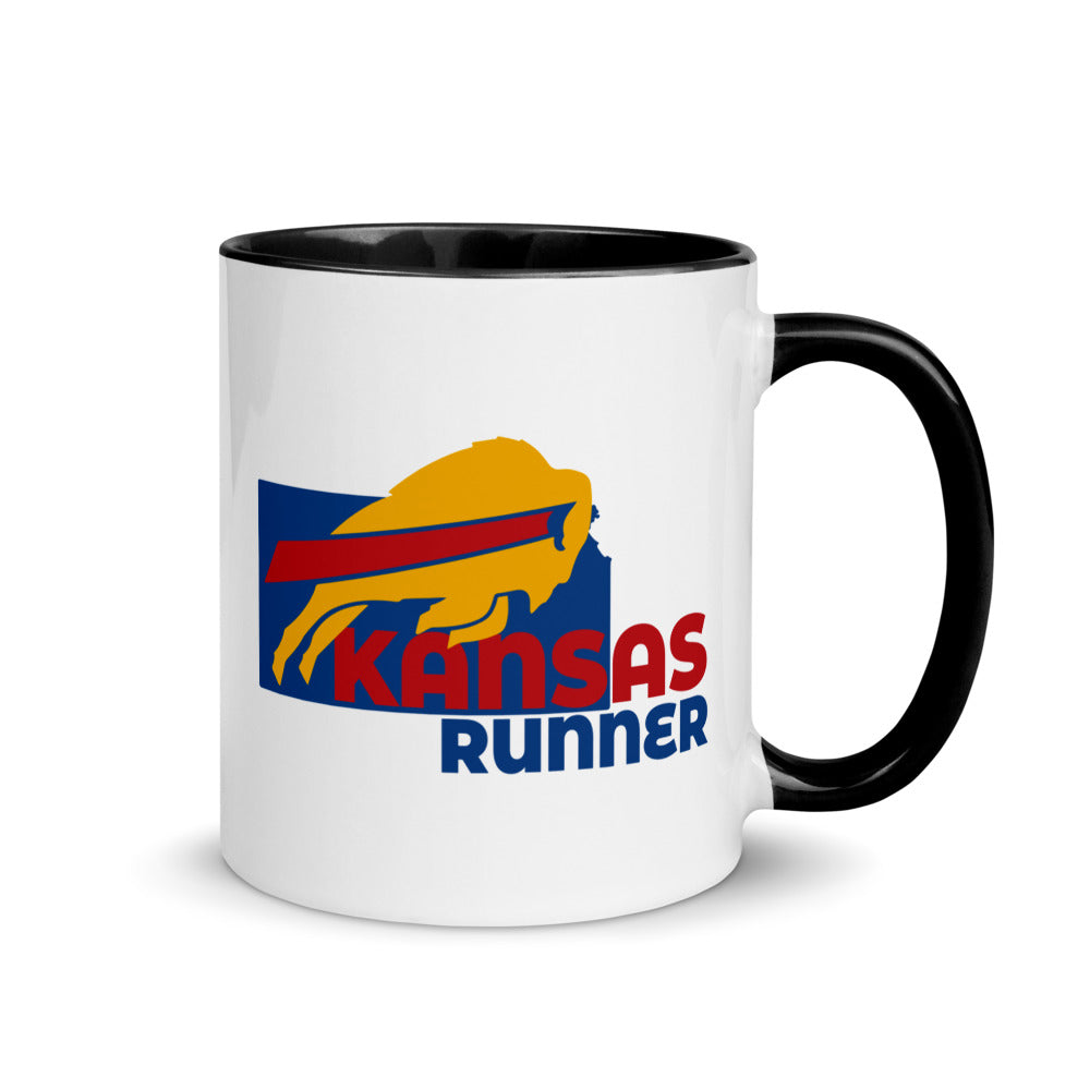 Kansas running mug with black handle and inside rim