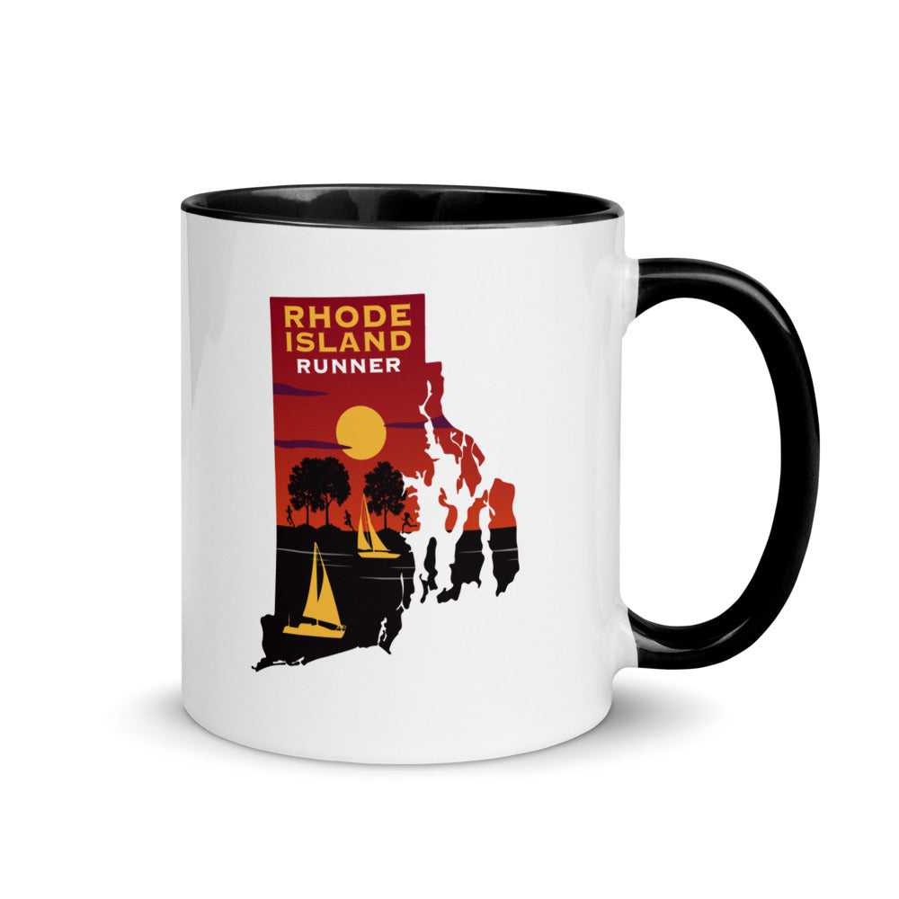 Rhode Island running mug with black handle and inside rim